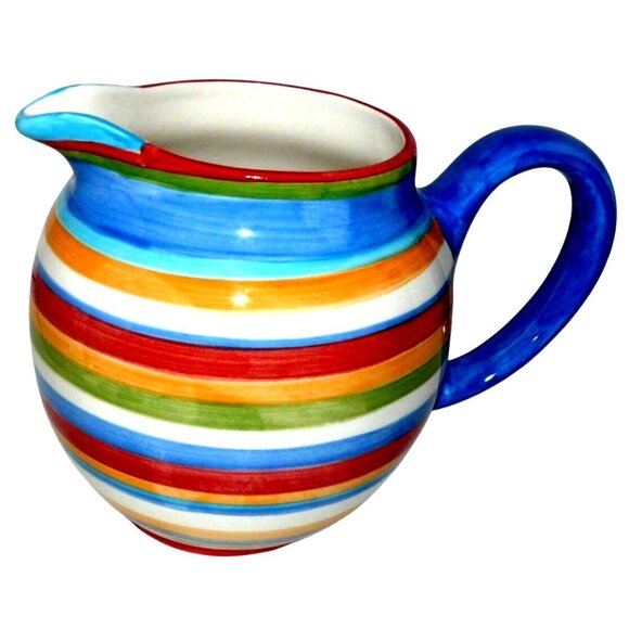 Colorful Hand-painted Ceramic Pitcher With Striped Design & Blue Handle By Home - Picture 1 of 6